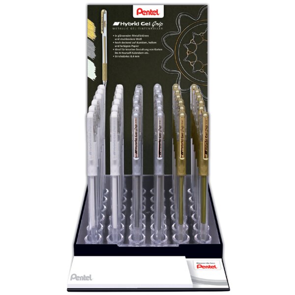 Gel-Tintenroller K118, weiss, gold und silber, Display